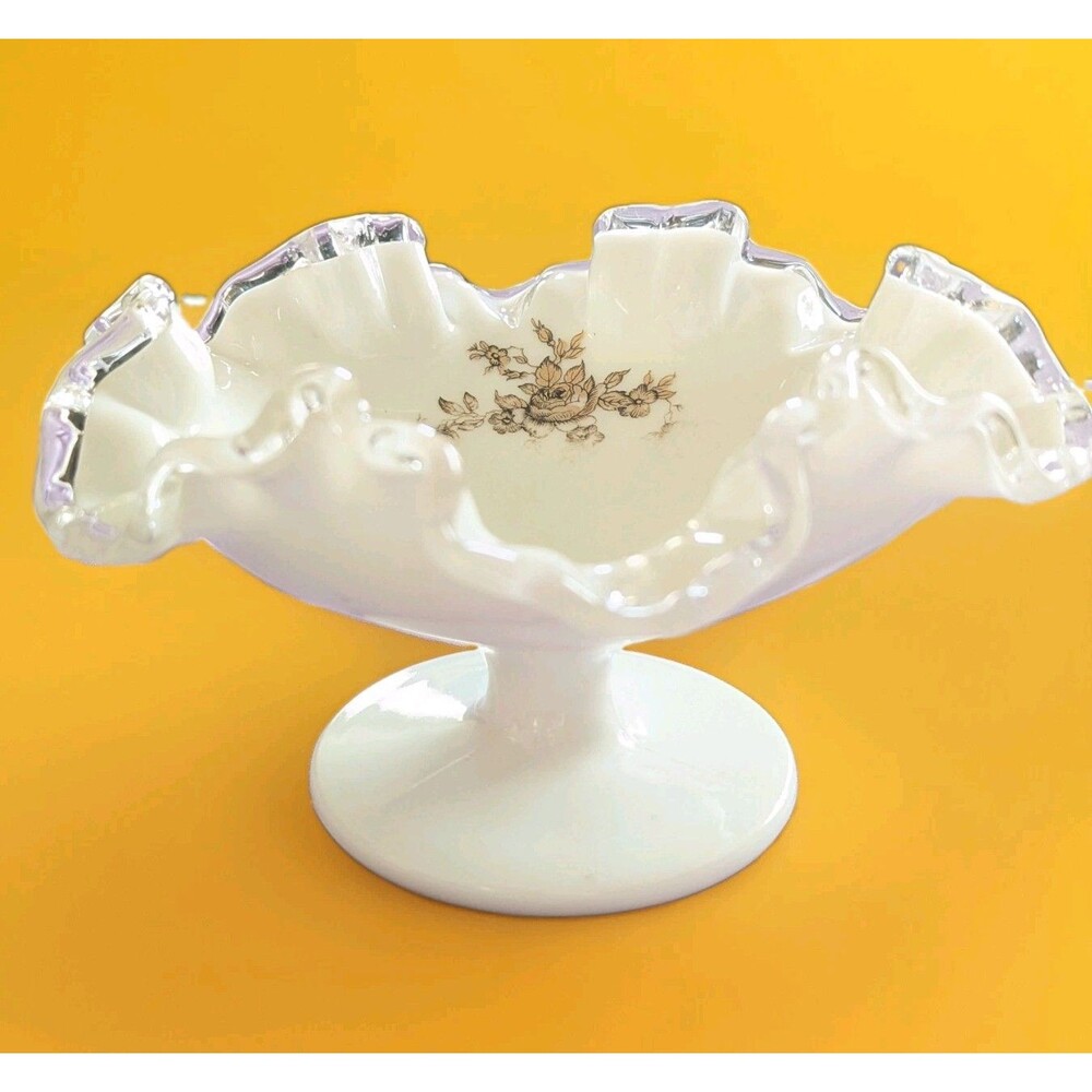 Vintage Fenton Silver Crest Gold Roses Milk Glass Ruffled Pedestal Compote Dish